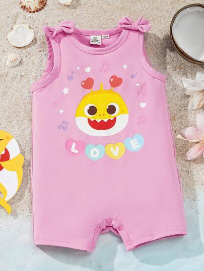 BABY SHARK X SHEIN Schattige roze romper met haaienprint voor babymeisjes, comfortabel en speels