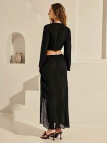 Swim Chiccia Women's Solid Color Long Sleeve Kimono Cover Up, Suitable For Summer - Black - View 2