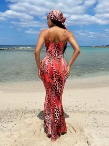 SHEIN SXY Vestido escotado de tirantes finos con estampado de leopardo en estilo bohemio y playa para mujer, para verano