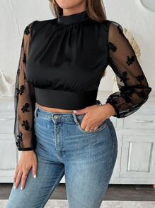 Flirla Plus Size Women's Elegant Butterfly Embellished Mesh Backless Lantern Sleeve Blouse Fall Cloth For Women - Black - View 4