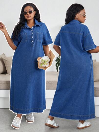 SHEIN Lady 大码蓝色牛仔长款休闲短袖连衣裙