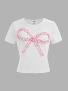 SHEIN Sparklyn 2 件套少女甜美可爱白色荷叶边蝴蝶结装饰圆领短袖短款 T 恤和黑色阔腿裤粉色蝴蝶结套装，适合日常、通勤、与朋友聚会、度假穿着 - 彩色 - 查看 3