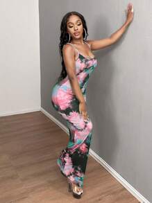 SHEIN SXY Váy dạ hội họa tiết tie-dye thanh lịch, gợi cảm và thoải mái - Màu Hồng Tươi - Xem 5