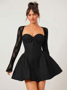 SHEIN SXY Black Skirt Stitching Lace Long Sleeve Princess Ballet Skirt Sexy Mini Dress - Black - View 7