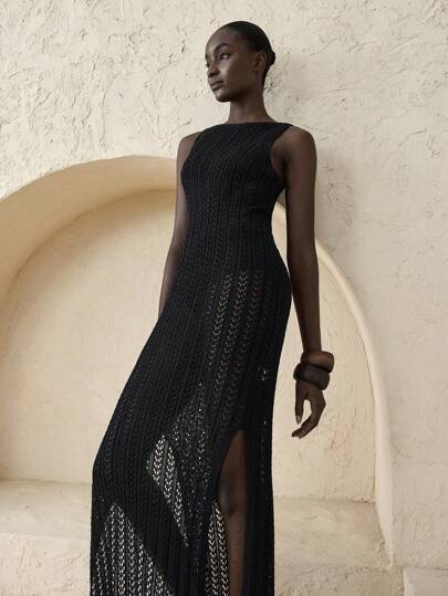 Ontre 2025年音乐节、演唱会、乡村音乐节女装度假风黑色无袖针织披肩领提花针织披肩高开衩罩衫春夏