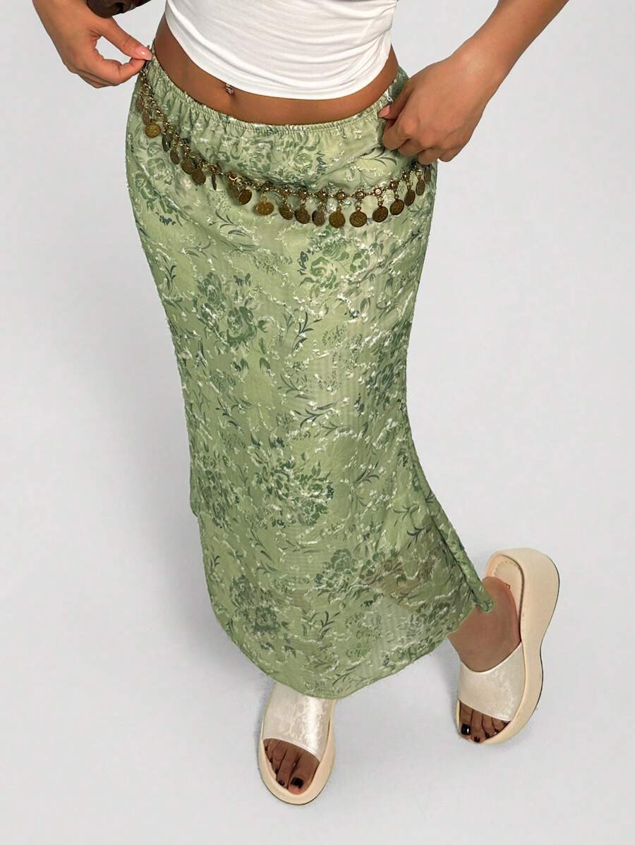 SHEIN Unity Women's Casual Green Floral Print Skirt, Spring/Summer - Green - View 1