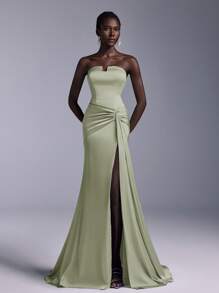 Elitara Váy Maxi đuôi cá thắt nút xoắn không dây bằng vải satin quyến rũ có đường xẻ cao ở bên hông và đuôi váy xếp nếp, Váy dạ hội trang trọng, Váy dự tiệc, Dành cho khách dự tiệc cưới - Màu xanh Bạc hà - Xem 1