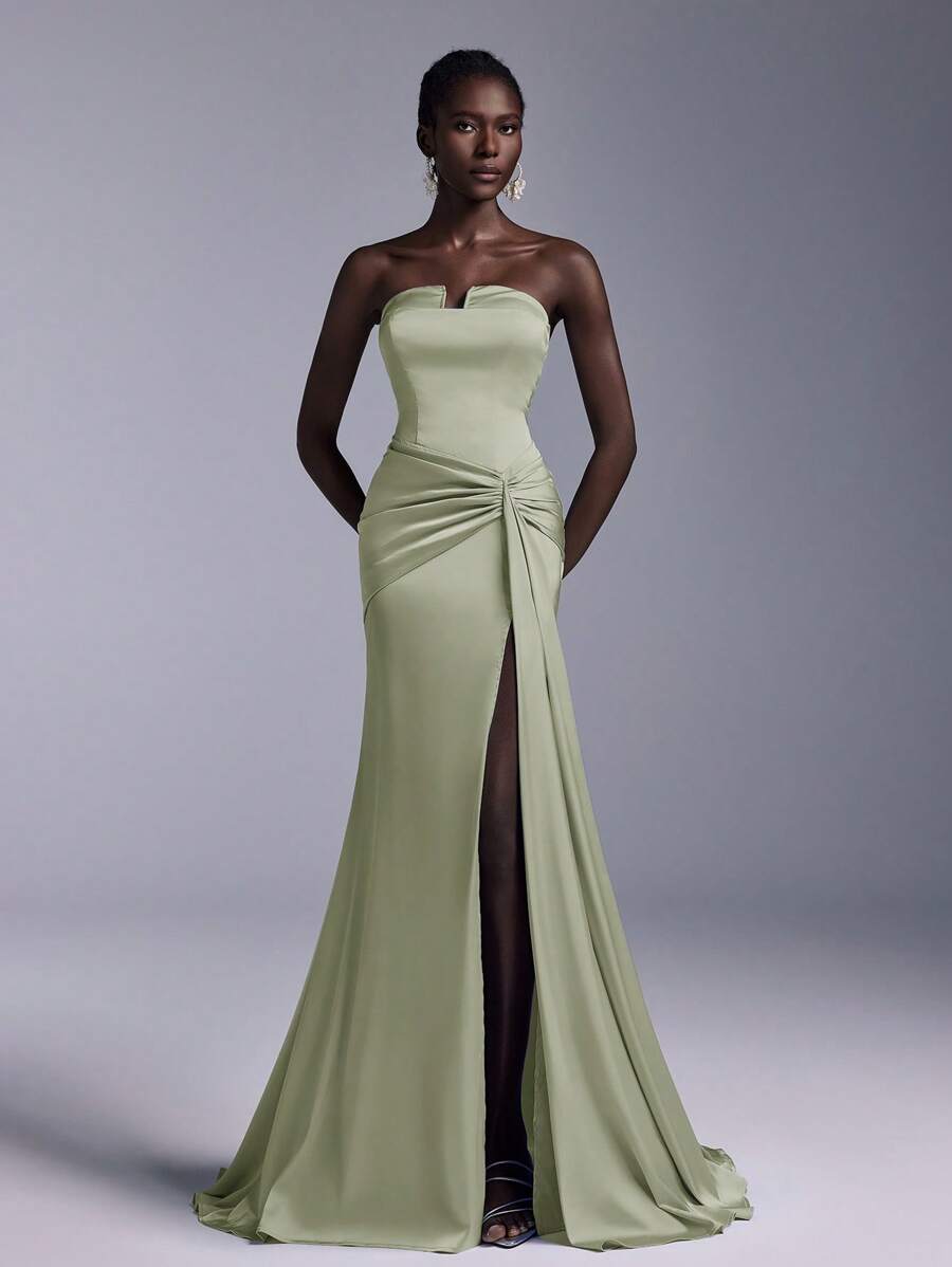 Elitara Váy Maxi đuôi cá thắt nút xoắn không dây bằng vải satin quyến rũ có đường xẻ cao ở bên hông và đuôi váy xếp nếp, Váy dạ hội trang trọng, Váy dự tiệc, Dành cho khách dự tiệc cưới - Màu xanh Bạc hà - Xem 1
