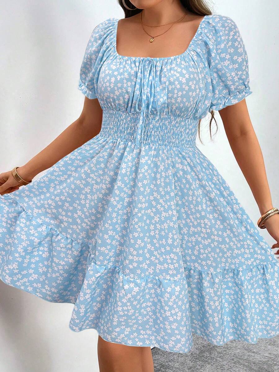 Flirla Plus Size Short Sleeve Square Neck Dress, Fashionable For Summer - Baby Blue - View 1