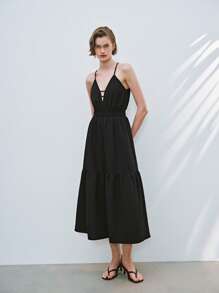 Lumivelle Women's Vacation Striped A-Line Elastic Waist Spaghetti Strap Dress - Black - View 3