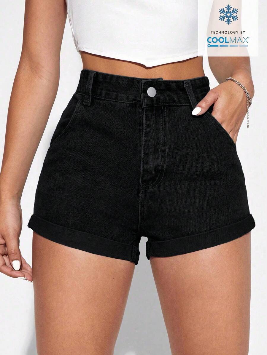 SHEIN EZwear 纯色口袋紧身休闲牛仔短裤，夏季 - 黑色 - 查看 1