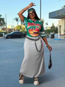 Slaydiva 2025 New Spring/Summer Casual Streetwear Sports Competition Outfit - Green Stripe Print Letter Slogan Logo Top Tee & Grey Long Skirt, 2 Pieces Plus Size Set - Multicolor - View 12