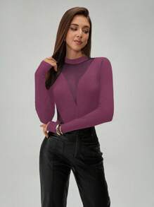 SHEIN Tall Women's Fashionable Mesh Patchwork Long Sleeve Cut-Out Bodysuit - Purple - View 3