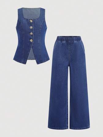 Firerie Kids Firerie Kids Tween Girl Spring Summer Casual Street Fashion Plain V-Neck Sleeveless Vest Top And Baggy Straight-Leg Pants Denim Two Pieces Set,Summer Beach Boho Vacation Shorts, Summer Concert Festival Casual Rave Outfits, Girls Summer Brunch Graduation Outfits