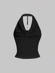 SHEIN PETITE Canotta estiva da donna con schiena scoperta e collo alto, di colore tinta unita