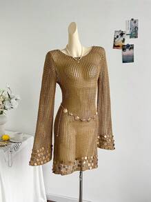 Soleia Abito mini elegante in stile boho-tropical con gusci di conchiglie e paillettes, adatto per occasioni casual, vacanze, matrimoni sulla spiaggia, lauree, brunch, San Patrizio, primavera, festival musicali, primavera/estate
