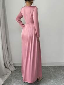 Elenzga Women Solid Satin Ruched Shoulder Party Elegant Long Sleeve Dress With Side Slit Maxi Women Outfit - Pink - View 2