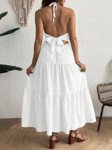SHEIN Maternity Comfortable Halter Backless Ruffle Hem Sleeveless Dress - White - View 2