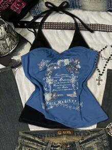 女式标语印花荷叶边挂脖吊带背心 - 藍色 - 查看 2