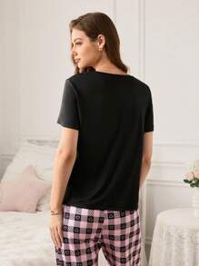 SHEIN Parte superior de pijama de mangas cortas para mujer, cómoda, con estampado de labios y letras, para verano