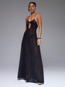 MUSERA 缎面露背吊带胸前镂空雪纺飘逸无袖长裙，适合春夏生日、婚礼、度假、海滩、游泳等场合，优雅可爱性感，波西米亚风情，沙漠兰花主题，伊比沙岛假日风，秋季夜生活，婚礼宾客，优雅约会之夜，颓废摇滚风，秋冬秋季派对 - 黑色 - 查看 1