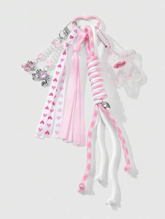 Kawaii 1pc Ins Style Elegant Minimalist Versatile Crystal Look Resin Star, Heart, Bow, Teddy Bear Beaded Chain, Acrylic Star Photo Frame, Pink Woven Strap DIY Keychain, Bag Charm, Phone Decorative Accessories, Suitable For Ladies Daily Wear, Holiday Gift