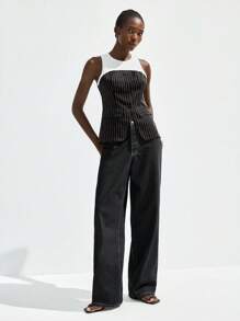 Maija 2025 Muttertags Moderne Stadt Frauen Ärmellose Schwarz & Weiß Kontrast 2-in-1 Rundhalsbluse, bequem für Frühling/Sommer Pendelverkehr, Vintage Stil