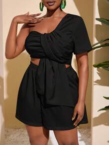 Slaydiva 大码打结前T恤+宽松短裤两件套，度假风亮色 - 黑色 - 查看 5