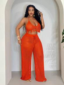 Slaydiva Plus Size Fitted Orange Long Fringe Knit 2pcs Set, Summer Vacation - Orange - View 5