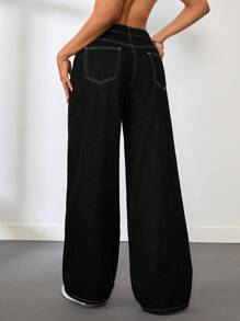 SHEIN Tall 女式低腰直筒蓝色牛仔裤 - 黑色 - 查看 2