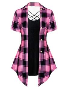 SHEIN LUNE Plus Plaid Print Criss Cross Button Front Asymmetrical Hem 2 In 1 Tee Graphic Tees Women Tops