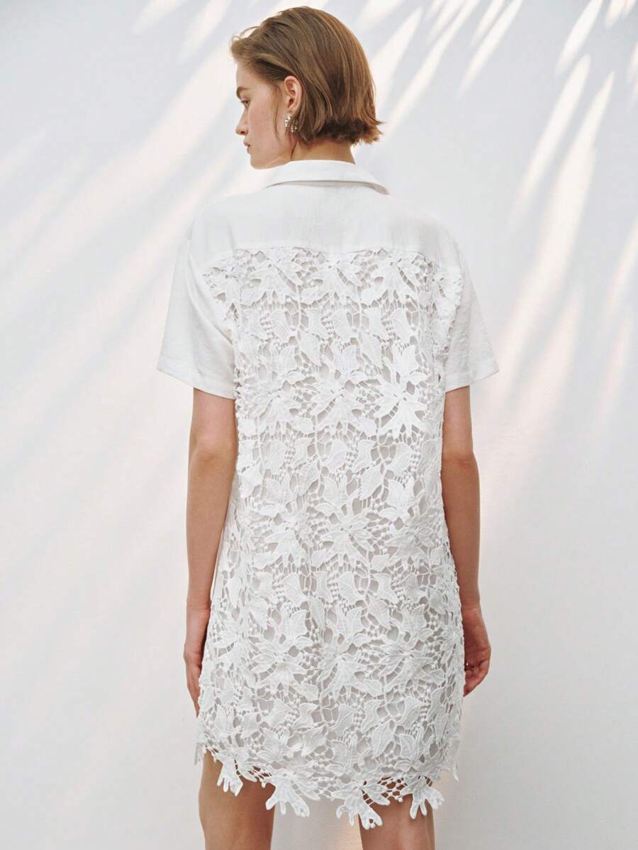 Lumivelle Women's Solid Color Lace Patchwork Short Shirt Dress - White - View 1