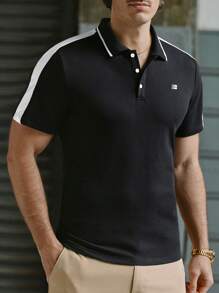 Manfinity VCAY Musclefit Slim Fit Knit Men's Casual Short Sleeve Polo Shirt, Black & White, Daily Essentials - Black - View 1