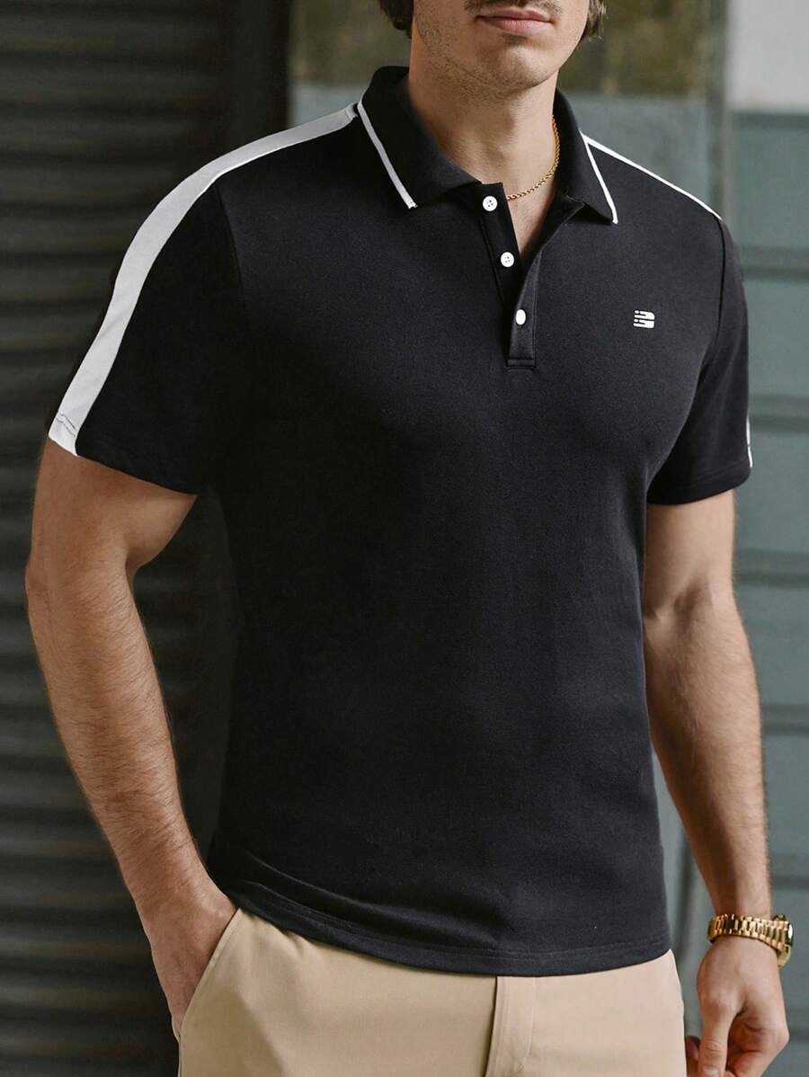 Manfinity VCAY Musclefit Slim Fit Knit Men's Casual Short Sleeve Polo Shirt, Black & White, Daily Essentials - Black - View 1