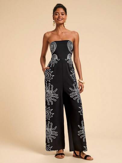 Travachic Women Embroidered Camisole Casual Sleeveless Jumpsuit, Summer, Beach Outfits For Woman ,Vacation,Vacation Outfits Women,Casual Daily Printed Jumpsuit, Holiday Floral Print Halter Cut Out Side Split Jumpsuit