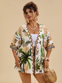 Travachic Set da 2 pezzi per taglie comode, adatto per le vacanze estive: camicia stampata con alberi di cocco e pantaloncini