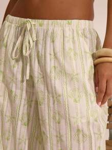 MUSERA 条纹图案亚麻质感直筒裤，夏季度假波西米亚风，伊比沙岛优雅海滩风，可爱海滨别墅时尚假日风。 - 白色 - 查看 5