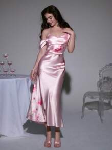 SHEIN MOD 迷人的梦幻景象：浪漫粉色飘逸长裙，点缀花卉图案——非常适合节日、约会、拍照和特殊场合 - 粉色 - 查看 4