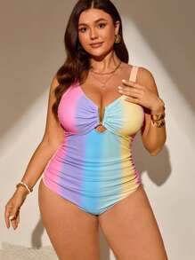 Swim Lushoire Plus Size Women Wide Strap Ombre Print Hollow Ruffled Side Drawstring Fitted One-Piece Swimsuit, Summer Beach Holiday - Multicolor - View 6
