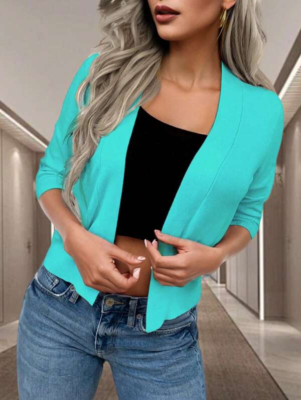 Pariaura Women's Minimalist Solid Color V-Neck Front Cardigan With Mid-Length Sleeves