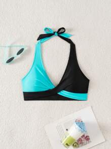 Swim Lushoire Women's Contrast Color Halter Bikini Top For Summer Beach Vacation - Multicolor - View 4