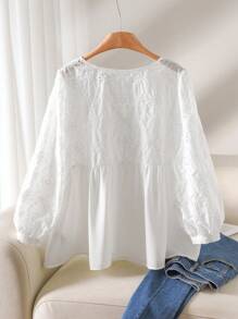 CosyJoli 大码女装春夏时尚休闲宽松日常舒适孔眼刺绣长袖 V 领衬衫，春季，女式衬衫，度假 - 白色 - 查看 2