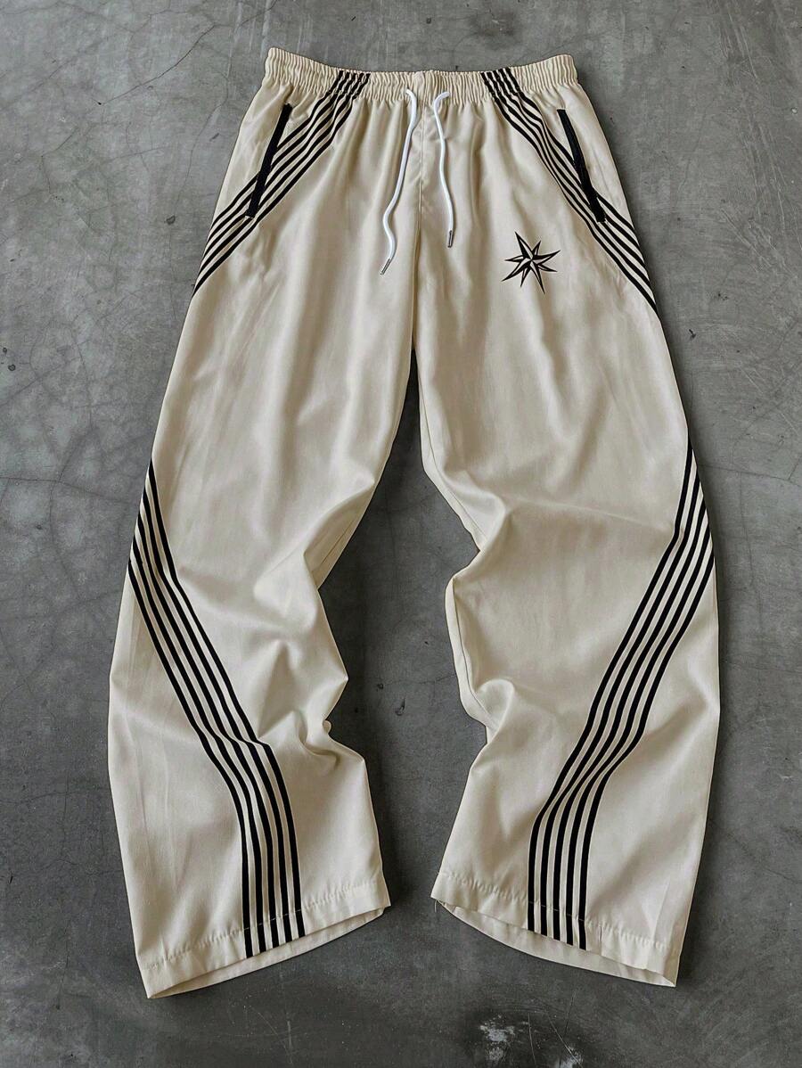 Manfinity Hypemode Pantalones casuales con estampado de rayas, cintura con cordón y bolsillos para hombres