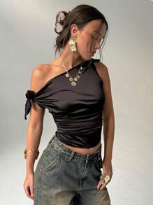 Aloruh Women's Summer Asymmetric Neck Ruffle Slim Fit Blouse