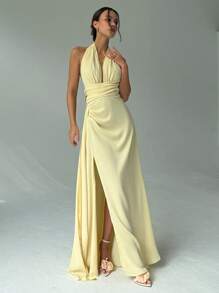 Aloruh 深 V 领迷人优雅性感露背开衩晚会长裙女式 - 淡黃色 - 查看 4