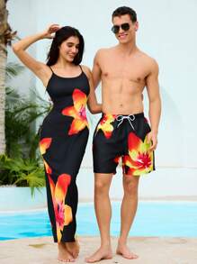 Manfinity VDAYZ Men's Floral Print Drawstring Waist Beach Shorts, Summer