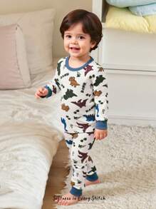 Cozy Pixies 2 件套男婴卡通恐龙印花针织柔软圆领长袖上衣和松紧腰长裤舒适睡衣套装 - 彩色 - 查看 3