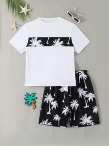 Set di abbigliamento da bagno per adolescenti, composto da top con stampa casuale e pantaloncini da bagno con stampa ed elastico in vita