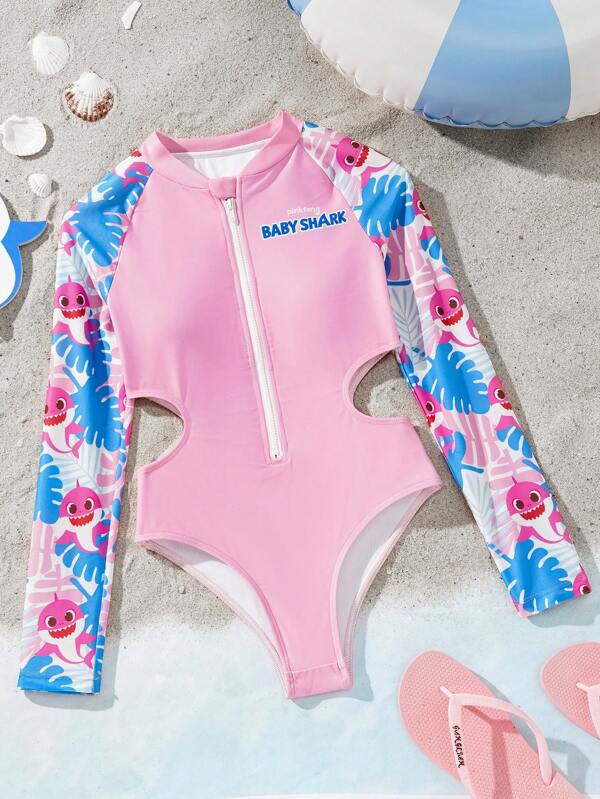 BABY SHARK X SHEIN Tween Girl Hollow Zipper Front Cartoon Shark Print One-Piece Swimsuit