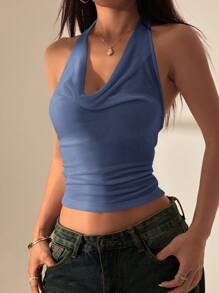 SHEIN PETITE 女士纯色荷叶边挂脖时尚蓝色上衣 - 霧霾藍 - 查看 3